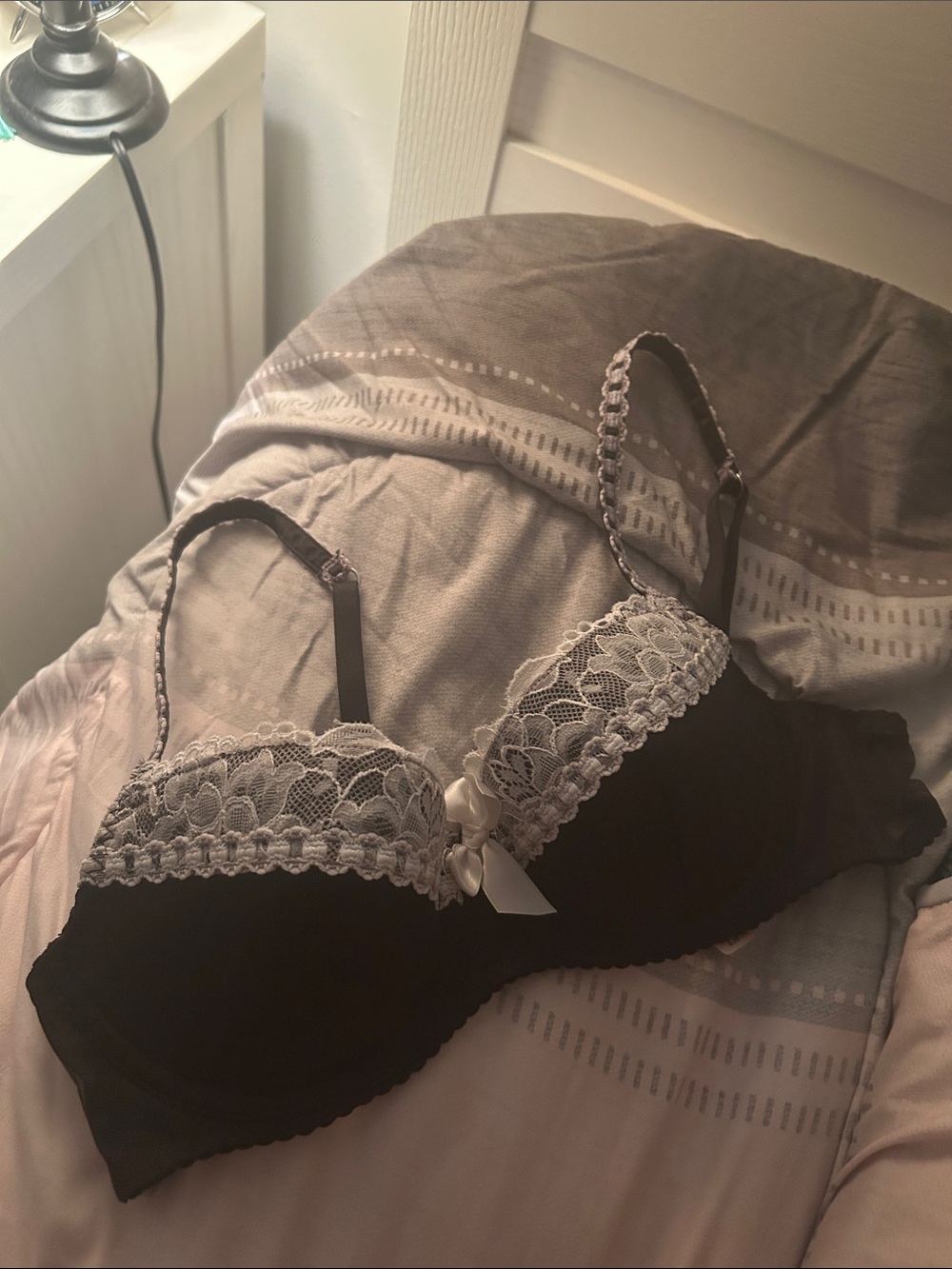 Victoria's Secret Black Bra with Cream Lace and Satin Bow